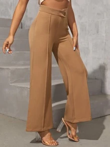 SHEIN PETITE Inverted Seam Stepped Waist Trousers - Brown - View 5