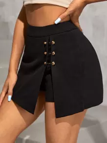 SHEIN PETITE Váy nữ Bất đối xứng màu trơn Giải trí - màu đen - Xem 3