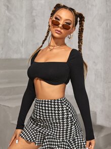 SHEIN PETITE Áo nữ Bất đối xứng Gân đan màu trơn Gợi cảm - màu đen - Xem 6