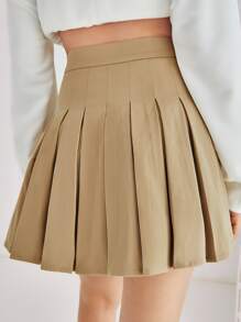 SHEIN MOD Zipper Solid Pleated Skirt - Khaki - View 2