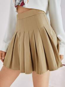 SHEIN MOD Zipper Solid Pleated Skirt - Khaki - View 5