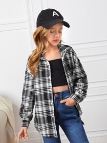 SHEIN 女孩落肩袖格紋帶吊帶內搭襯衫 - 黑與白 - 查看 1