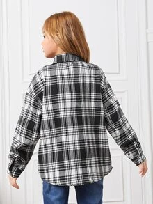 SHEIN 女孩落肩袖格紋帶吊帶內搭襯衫 - 黑與白 - 查看 2