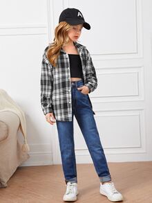 SHEIN 女孩落肩袖格紋帶吊帶內搭襯衫 - 黑與白 - 查看 3