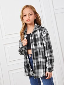 SHEIN 女孩落肩袖格紋帶吊帶內搭襯衫 - 黑與白 - 查看 4