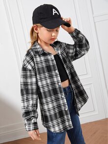 SHEIN 女孩落肩袖格紋帶吊帶內搭襯衫 - 黑與白 - 查看 5