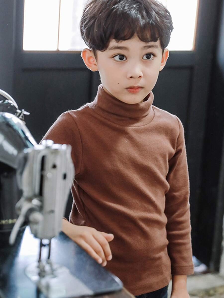 Niños Camiseta unicolor de cuello cisne - Café integral - Ver 1