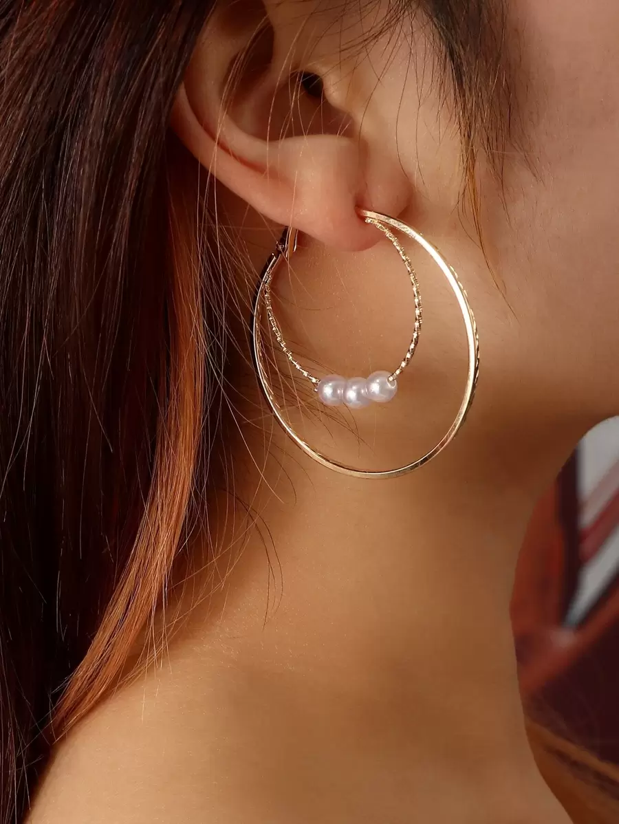 Faux Pearl Decor Hoop Earrings - Yellow Gold - View 1