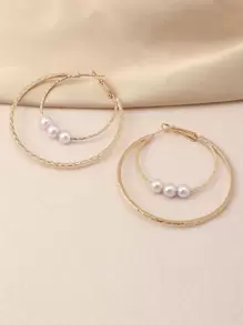 Faux Pearl Decor Hoop Earrings - Yellow Gold - View 3