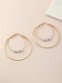 Faux Pearl Decor Hoop Earrings - Yellow Gold - View 5
