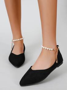 Faux Pearl Beaded Point Toe Ballet Flats - Black - View 4