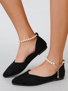 Faux Pearl Beaded Point Toe Ballet Flats - Black - View 5