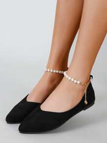 Faux Pearl Beaded Point Toe Ballet Flats - Black - View 3