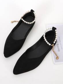 Faux Pearl Beaded Point Toe Ballet Flats - Black - View 2