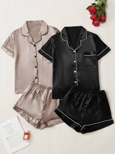 2 pezzi Top da notte bordo a contrasto raso & 2 pezzi Shorts da notte