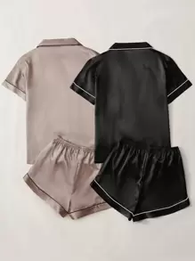 2pcs Contrast Piping Satin Sleep Top & 2pcs Sleep Shorts - Multicolor - View 2