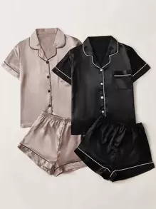 2pcs Contrast Piping Satin Sleep Top & 2pcs Sleep Shorts - Multicolor - View 4