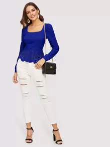 SHEIN Clasi Buttoned Front Laser Cut Hem Puff Sleeve Top - Royal Blue - View 4