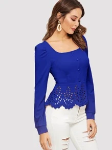 SHEIN Clasi Buttoned Front Laser Cut Hem Puff Sleeve Top - Royal Blue - View 5