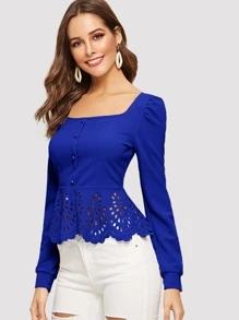 SHEIN Clasi Buttoned Front Laser Cut Hem Puff Sleeve Top - Royal Blue - View 6
