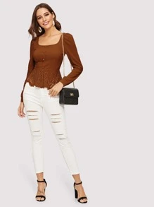 SHEIN Clasi Áo sơ mi nữ Cắt ra Viên lá sen Sò điệp Nút phía trước màu trơn Thanh lịch - Cà phê nâu - Xem 4