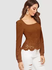 SHEIN Clasi Áo sơ mi nữ Cắt ra Viên lá sen Sò điệp Nút phía trước màu trơn Thanh lịch - Cà phê nâu - Xem 5