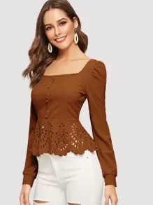 SHEIN Clasi Áo sơ mi nữ Cắt ra Viên lá sen Sò điệp Nút phía trước màu trơn Thanh lịch - Cà phê nâu - Xem 6