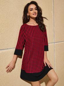 SHEIN Clasi 格子圖案拼接面洋裝 - 酒紅色 - 查看 1