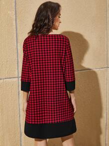 SHEIN Clasi 格子圖案拼接面洋裝 - 酒紅色 - 查看 2