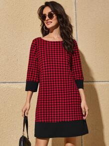 SHEIN Clasi 格子圖案拼接面洋裝 - 酒紅色 - 查看 3