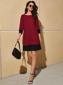 SHEIN Clasi 格子圖案拼接面洋裝 - 酒紅色 - 查看 4