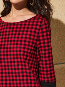 SHEIN Clasi 格子圖案拼接面洋裝 - 酒紅色 - 查看 5