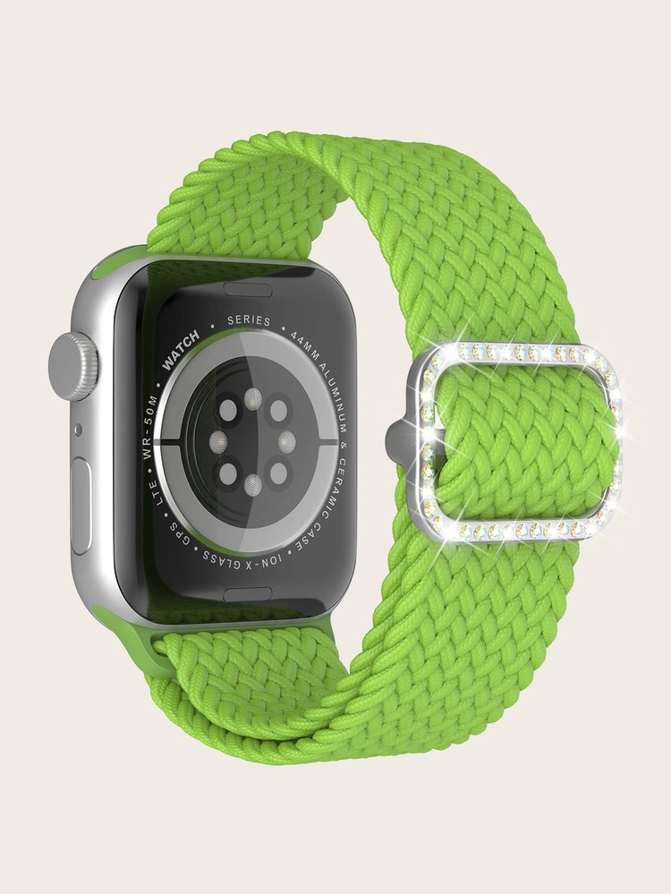 Rhinestone Decor Braided Watchband Compatible With Apple Watch - Green - View 1