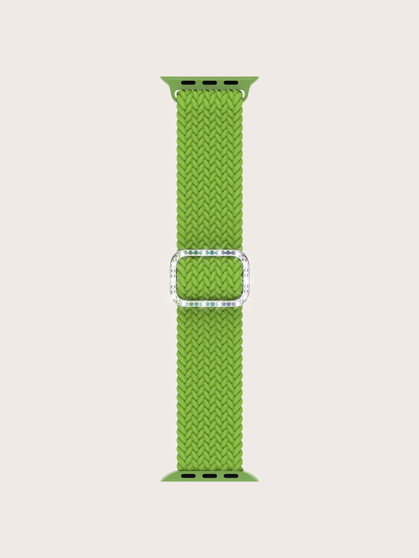 Rhinestone Decor Braided Watchband Compatible With Apple Watch - Green - View 3