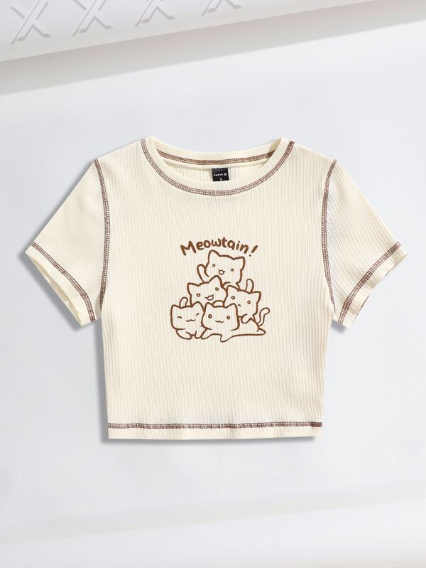 MsChibious Artist Girlcore Cusături contrastante Tricou cu litere și desene animate, pentru vară, bumbac 93%, vacanță, vacanță, primăvară, ieșiri, festival, se potrivesc Ibiza