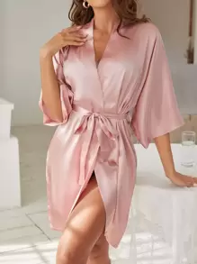 Bata de noche de satén con cinturón - Rosa Pálido - Ver 1