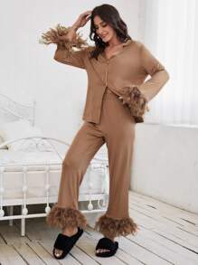 Bộ đồ ngủ/Pajama gồm áo sơ mi cài nút phía trước và quần viền lông mềm mại, chi tiết ấm áp và thanh lịch, trang phục thu đông - Lạc đà - Xem 5