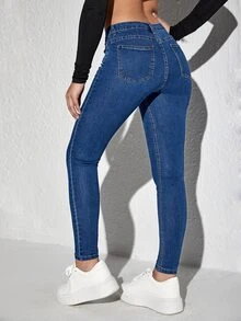 Quần jean nữ Nút Túi màu trơn - Rửa tối - Xem 2