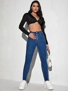 Quần jean nữ Nút Túi màu trơn - Rửa tối - Xem 3