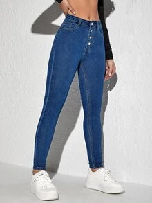 Quần jean nữ Nút Túi màu trơn - Rửa tối - Xem 4