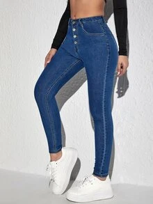 Quần jean nữ Nút Túi màu trơn - Rửa tối - Xem 5