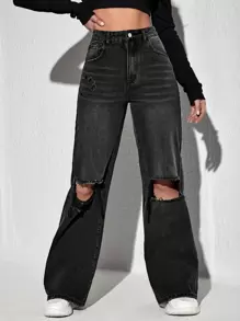 SHEIN EZwear High Waisted Ripped Wide Leg Jeans - Black - View 1