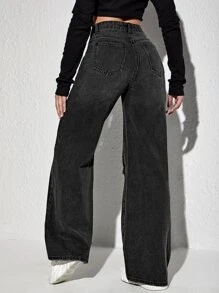SHEIN EZwear High Waisted Ripped Wide Leg Jeans - Black - View 2