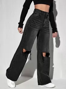 SHEIN EZwear High Waisted Ripped Wide Leg Jeans - Black - View 4