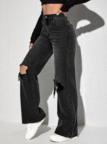 SHEIN EZwear High Waisted Ripped Wide Leg Jeans - Black - View 5