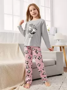 少女卡通熊猫印花家居服套装