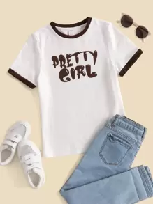 SHEIN Teen Girl Casual Knitted Letter Print Patchwork Round Neck Short Sleeve T-Shirt Suitable For Summer - White - View 1