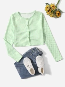 SHEIN Tops con gái Nút phía trước Kẻ sọc Giải trí - Màu xanh Bạc hà - Xem 1