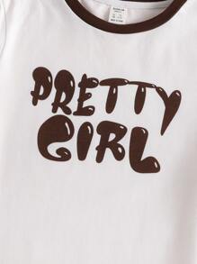 SHEIN Teen Girl Casual Knitted Letter Print Patchwork Round Neck Short Sleeve T-Shirt Suitable For Summer - White - View 3