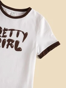 SHEIN Teen Girl Casual Knitted Letter Print Patchwork Round Neck Short Sleeve T-Shirt Suitable For Summer - White - View 4